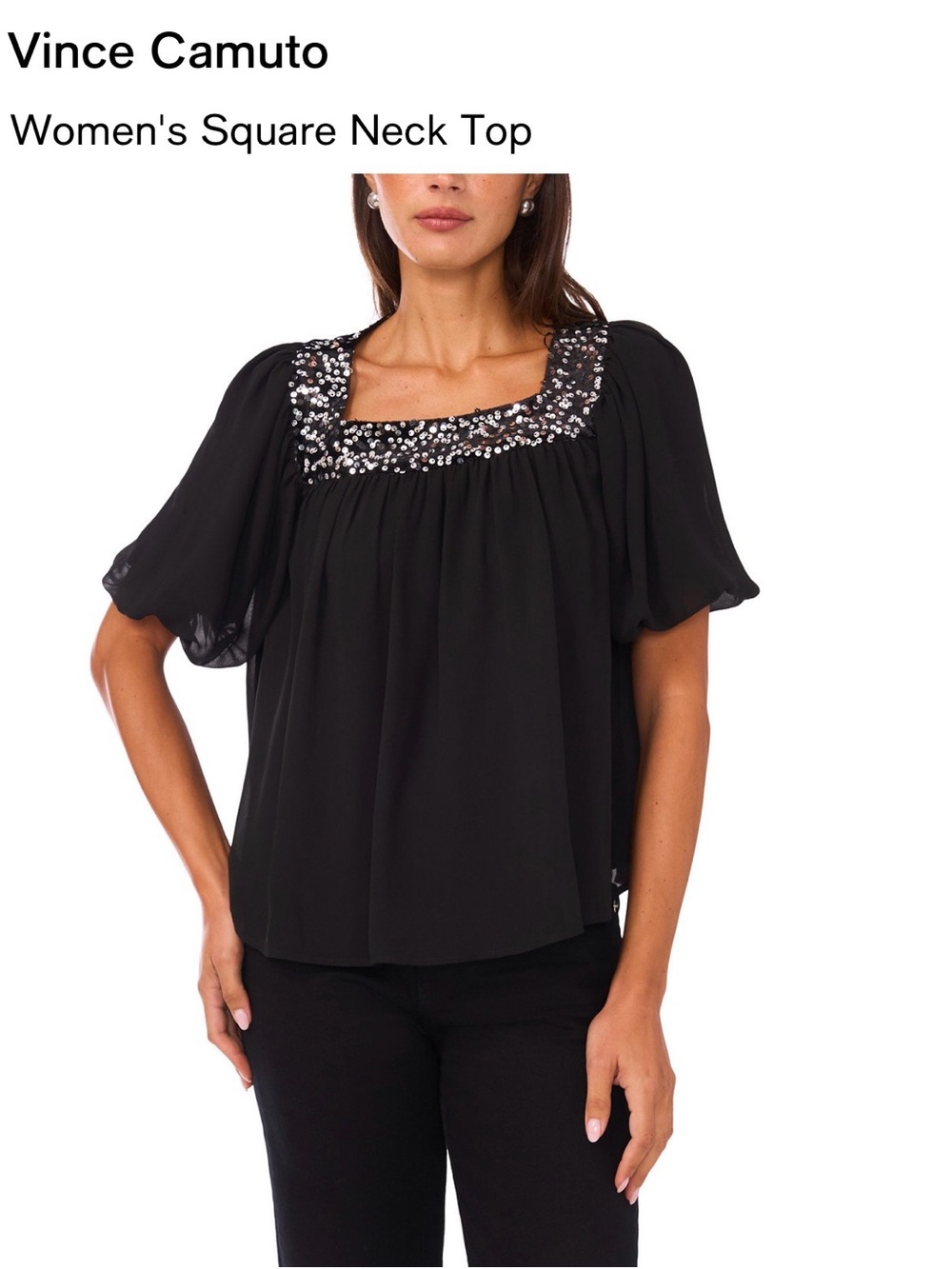 Vince Camuto Black Square-Neck Sequin-Trim Top